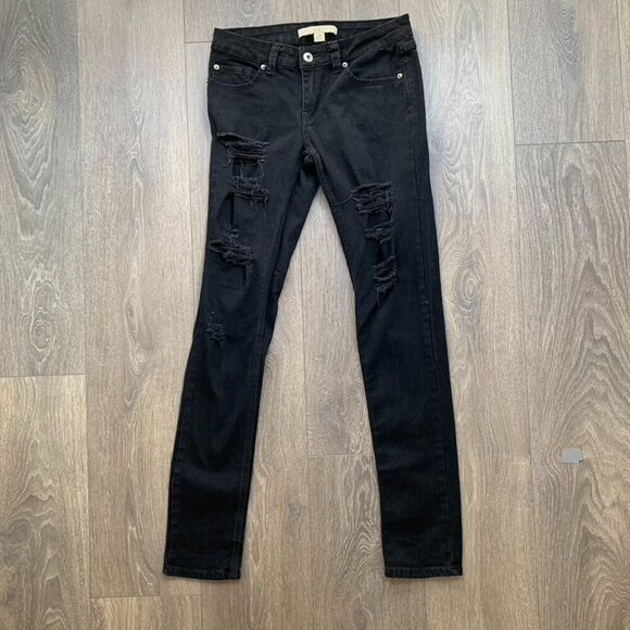 Forever 21 Black Skinny Jeans Distressed Mid rise Stretch denim Size 26 - Picture 3 of 14